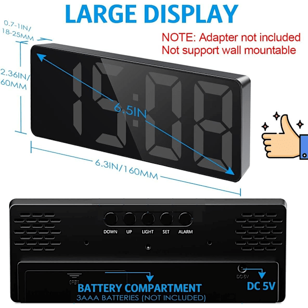 Digital väckarklocka, [Uppgraderad version] LED-klocka för sovrum, elektronisk skrivbordsklocka med temperaturvisning, justerbar ljusstyrka, röststyrning black+white led