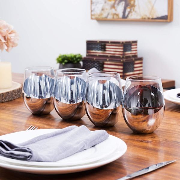 MyGift Modern Accent Stemless Vinglas Set, Rödvinsglas Set om 4 Silver