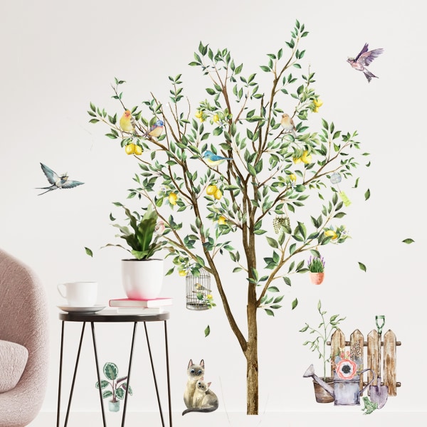 Växter Stort träd väggdekal med fåglar, avtagbar fruktträd i pastoral stil, hängande korgdekor för fågelbur, dekor