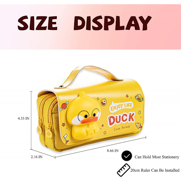 Pencil Case, Sød Gul And Pencil Pung, Bærbar med Håndtag, 3 Rum Lærred Kawaii/Lynlås/Multifunktionel Pencil Case til Drenge og Piger