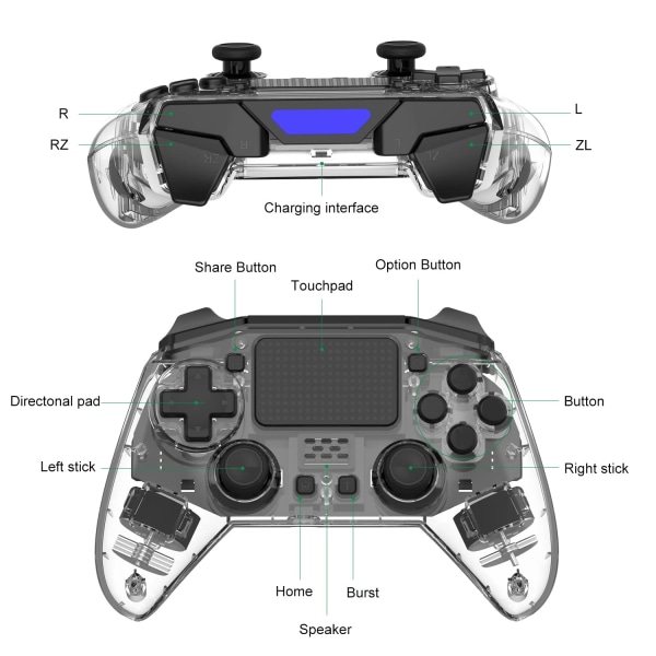 Gjennomsiktig trådløs PS4-spillkontroller med rask brann, 6-akset bevegelsessensor, dobbel vibrasjonsgamepad for Play Station 4 med høyttaler og 3,5 mm hodetelefonkontakt