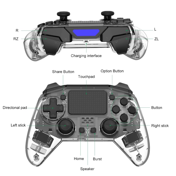 Transparent Rapid Fire Trådløs PS4 Spilkontroller, 6-Axis Bevægelsessensor Dual Vibration Gamepad til Play Station 4 med Højttaler og 3,5 mm Hovedtelefonstik
