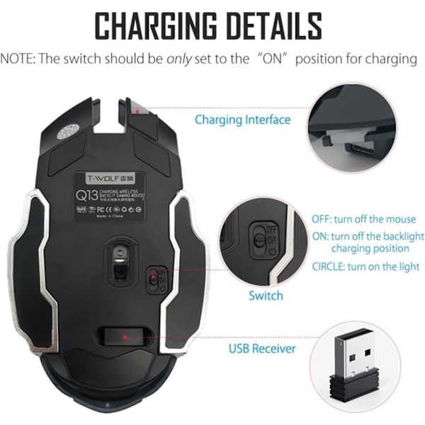 Laddningsbar Trådlös Bluetooth-Spelmus med 7-Färgad Regnbågs-RGB-Andningsbelysning och Justerbar DPI - Ergonomiskt Grepp, Tyst Klick