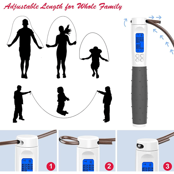 Hoppetau, Vektet hoppetau for trening, hoppetau med teller - tunge håndtak, justerbar lengde - trådløst hoppetau for menn, kvinner og barn Gray