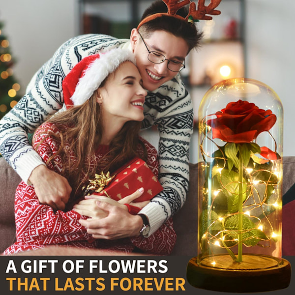 Konserveret Rose Fortryllet Rose Rød Silke Rose i Glaskuppel med LED Lys Pine Base, Romantisk Hjemmeindretning Gaver til Mor Kvinder Valentinsdag