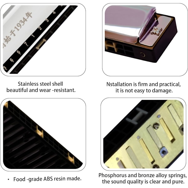 Sølv - 24 Huller Tremolo Harmonika Polyfoni Diatonisk C Nøgle 24 Hul Profession Harmonika Begyndere Børn Aldults Tremolo Harmonika
