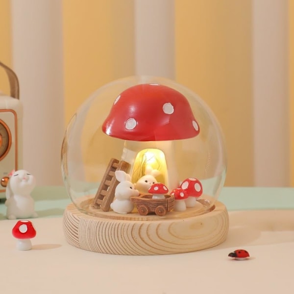 Svampe Lampe - USB Drevet LED Lys i Glaskuppel, Mini Falsk Svampe Natlampe til Soveværelse, Fest og Have Dekorationer, Sød Svampe