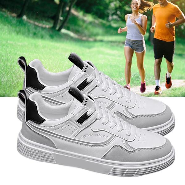 Herr Casual Skor Syntetiskt Läder Sport Flat Skor Andas Våren Sneakers för Utomhus 8866 White Grey 42