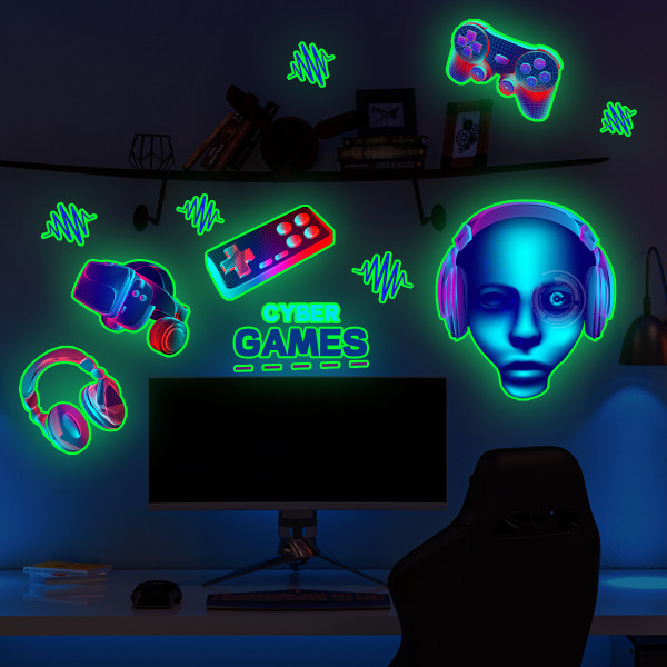 Peli Glow in the Dark Tarrat, Ohjaimen seinätarrat, Irrotettava videopeliseinämaalaus pojille Makuuhuoneen miesten lasten leikkihuonekoristeet