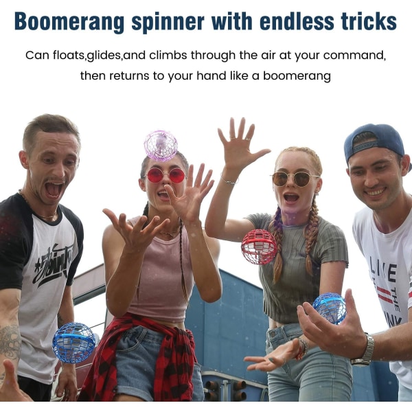 Flygende Ballleker, 2021 Oppgradert Oppladbar Boomerang Spinner Drone 360° Roterende Svevende Orb Ball Leke Bygget-inn LED Mini Orb Drone Flygende (Blå)