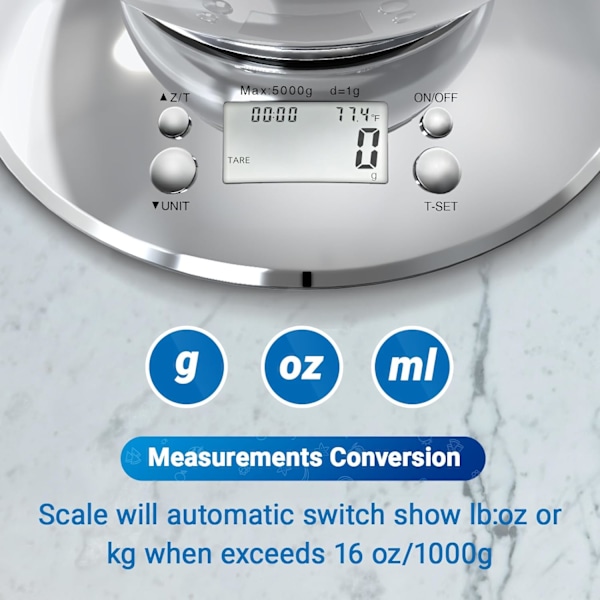 Kjøkkenmatskala Digital vekt gram og oz，Profesjonell rustfritt stål digital kjøkkenmatskala 11lb/0.1oz med bolle for vekttap slanking