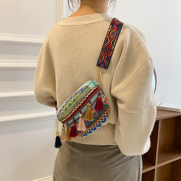 Fashion söt dam Bohemian Fanny Pack Crossbody axelväska broderi Boho midjeväska bröstväska bumbag med tofs för flicka