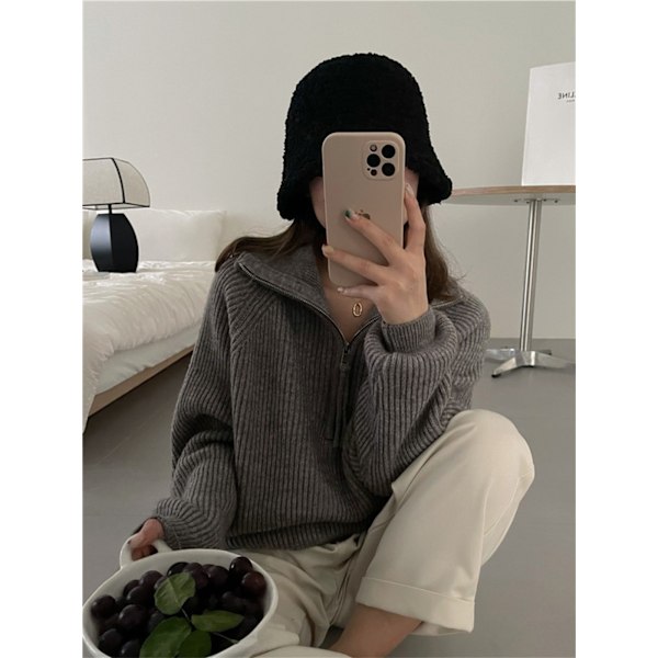 Dam långärmad 1/4 dragkedja krage stickad pullover tröja randig V-ringning lös casual jumper toppar