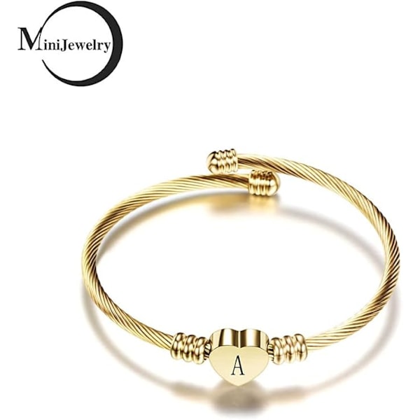 Guld Hjerte Armbånd Manschet til Kvinder Alphabet Bogstav Initial A til Z Familie Navn Rustfrit Stål