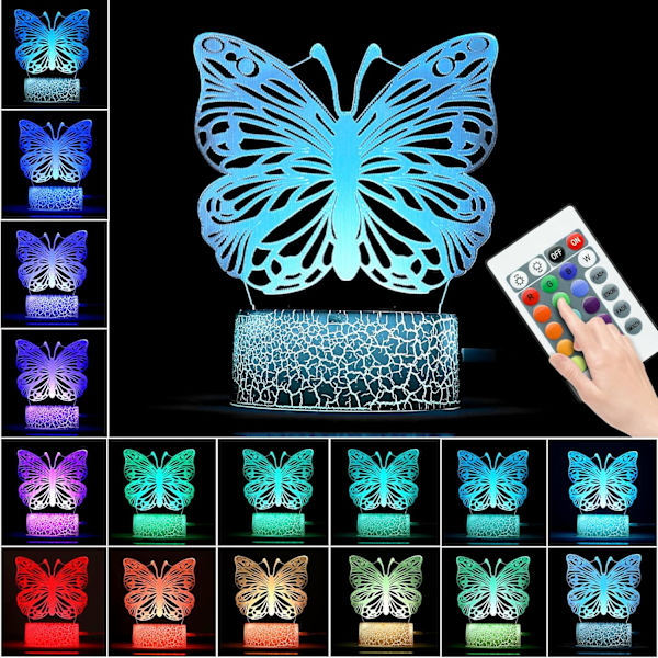 3D Illusionslampe Sommerfugl Nattelys, Bursdagsgave til Jenter Barn Gaver Sengelampe med 16 Farger Skiftende Fjernkontroll Sommerfugl