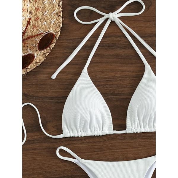 WJSM Dame Halter Binde Side Trekant Bikini Sæt Høj Skæring 2 Del Bikini Badetøj Ribbed White M