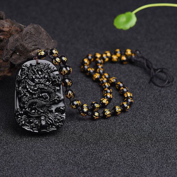 Naturligt Obsidian Halsband Lucky Amulet Skyddshänge med pärlkedja Svart Crystal Talisman Spirituella smycken Present för män