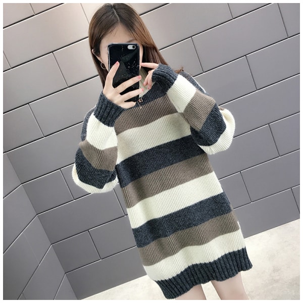 1 st 2022 Höst Vinter Dam Långärmad Stickad Tröja Turtleneck Randig Lös Pullover Toppar Deco