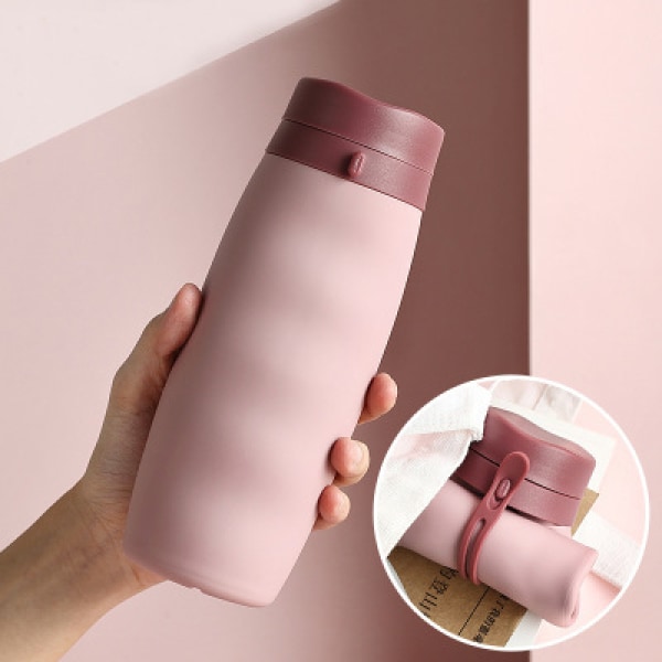 Återanvändbar hopfällbar vattenflaska, bärbar sportflaska, bärbar hopfällbar silikonmugg BPA-fri vandringsvattenpåse（rosa）