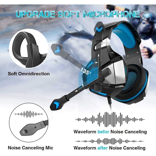 Gaming Headset til Xbox One, PS4, PC, Over Ear Gaming Hovedtelefoner med Støjreducerende Mikrofon LED Lys, Stereo Bas Surround, Bløde Memory Øremuffer til