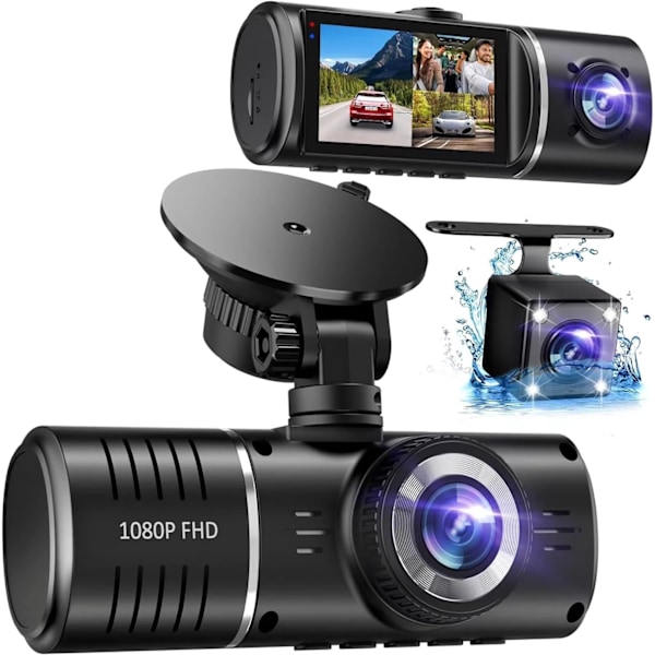 Dash Cam, 3-kanals dashcam, 1080P dashcam foran og innvendig, trippel dashcam, dashkamera med 32 GB-kort, HDR, G-sensor, 24-timers parkering, løkkeopptak