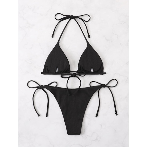 WJSM Kvinners Halterneck Tie Side Triangle Bikini Set Høy Cut 2 Piece Bikini Badetøy Black a M