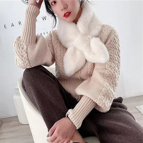 Dam Scarf med Falsk Pälskrage Vinterhalsduk Halsvärmare Shrug Trendig Scarf för Vår Höst White