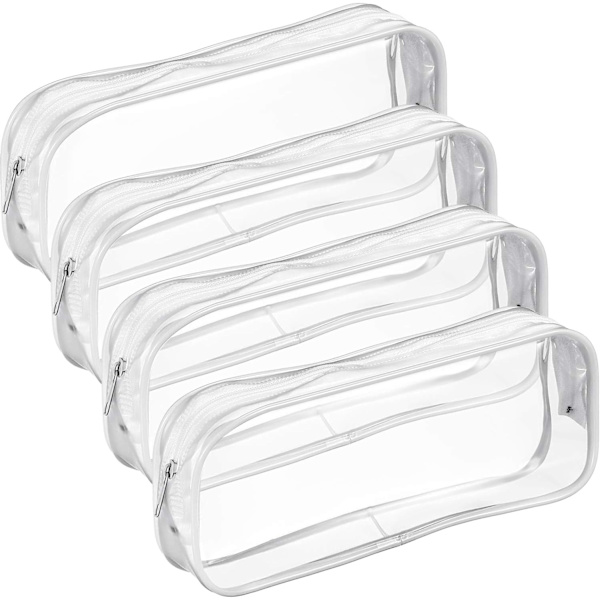 4 stk. Hvid gennemsigtig PVC stor kapacitet lynlås blyantpose, pen blyantpose makeup pung White