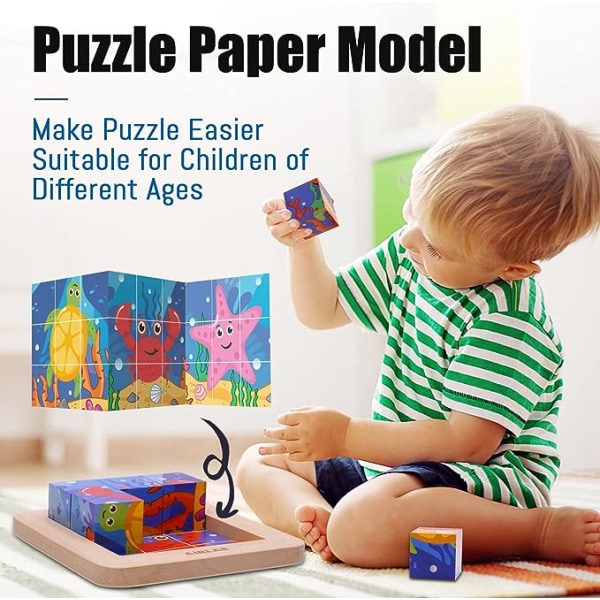 Träblockpussel Småbarn Barnleksaker Montessori-inlärningsspel Pedagogiska interaktiva leksaker för 3 4 5 Förskola med förvaringsfack - 6 pussel i 1