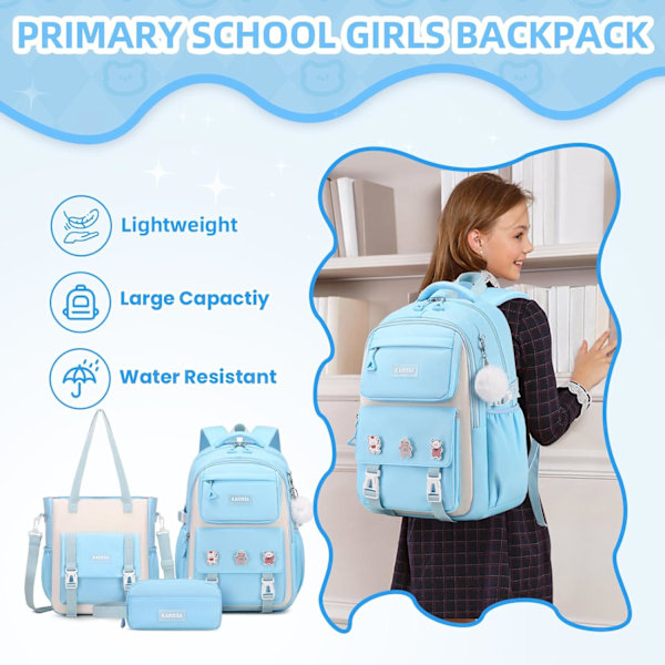 Jente Ryggsekk, 3stk Sett Ryggsekk for Jenter med Anti-tyveri Baklomme, Vannbestandig Tote Bag med Blyantveske for Barneskole 3pcs Set-light Blue S