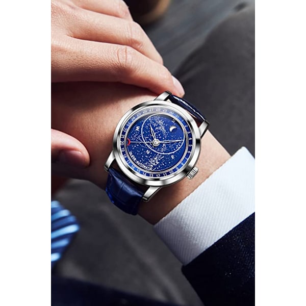 Stjernehimmel Månefase Herre Automatiske Mekaniske Ure Blåt Læder Luksus Kjole Vandtætte Lysende Armbåndsure