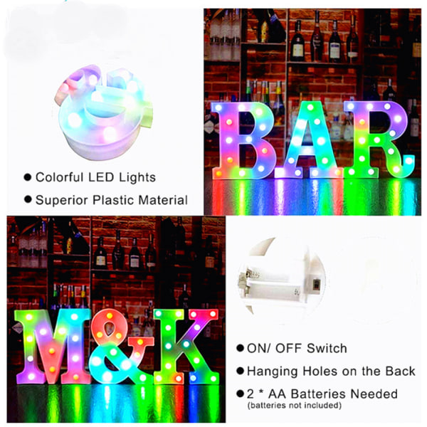 Qinwei färgglada LED-markeringsramsbokstavsljus med fjärrljus upp markeringstältskyltar Festbarbokstäver med ljusdekorationer för hemmet --- Multicolor E