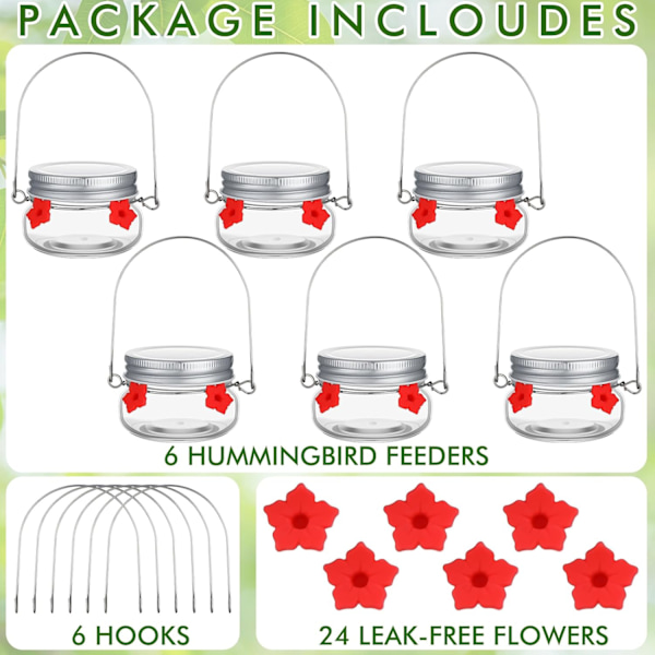 6 stk. Mason Jar Hummingbird Feeder Glas Hummingbird Dish Feeder med 4 Blomster Foderporte til Udendørs Hængende Vindue Yard Have Dekoration