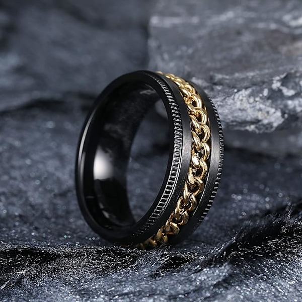 Intertwine Svart Guld Rostfritt Stål 8mm Ringar för Män Spinner Fidget Ring Ångest Ring för Män Trottoarkant Inlägg-10.5