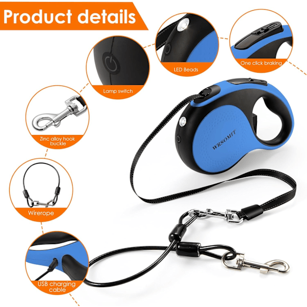 Retraktionsbar hundkoppel med tuggsäkert kabel och LED-ficklampa, 16 fot kraftigt hundkoppel för små medelstora stora hundar upp till 110 pund, 360° ingen trassel ( Blue+16ft+LED Large - 16 ft