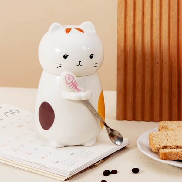2-pack Söta Keramiska Kattmuggar med Lock, 15 oz Nyhet Kaffe Muggar med Sked, Kawaii Porslin Te Koppar för Kvinnor Flickor Kattälskare, Födelsedagspresent