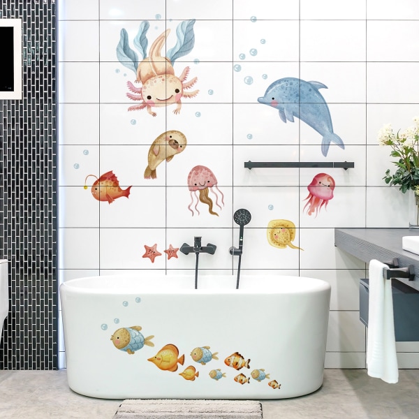 Tecknad Väggdekaler för undervattensfiskar för barnrum Badrum Heminredning Djur Pvc-väggdekaler Gör-det-själv-affischer Konst väggmålning