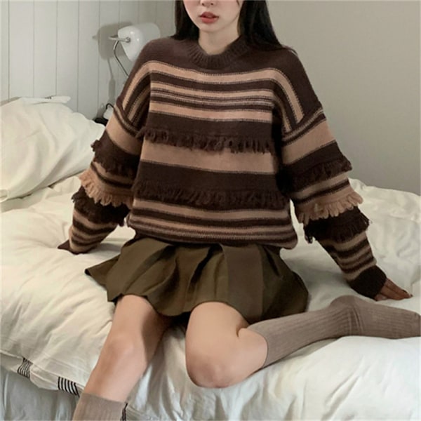 Dam Fashion Långärmad Randig Färgblock Stickad Tröja Rund Hals Lös Pullover Jumper Toppar