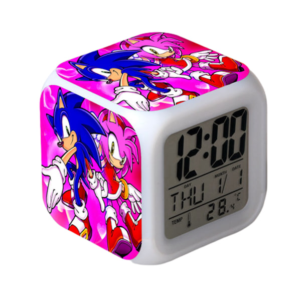 Wekity Sonic the Hedgehog Färgglad väckarklocka LED Kvadratisk klocka Digital väckarklocka med tid, temperatur, alarm, datum