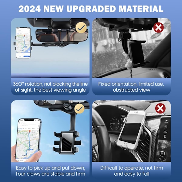 Mobiltelefonhållare för backspegel i bil, 2024 ny uppgraderad 360° roterbar och infällbar multifunktionell backspegel mobiltelefonhållare, universellt fäste black