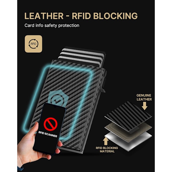 Plånbok för män med kortfack: Pop-up aluminiumfodral, äkta läder, smart, RFID-blockering, slimmad, minimalistisk, framficka - Kapacitet för 9-14 kort | ID-fönster Carbon Fiber Black