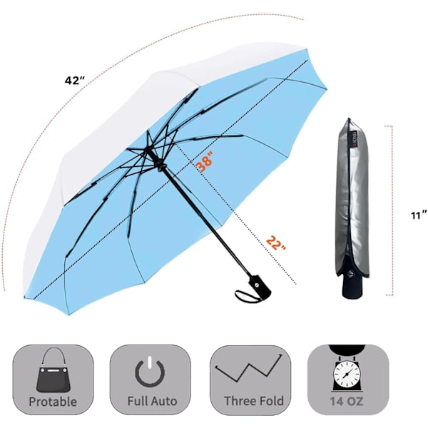 Vindafvisende rejse kompakt paraply - Automatiske paraplyer til regn - Kompakt folde paraply, rejse paraply kompakt, små bærbare vindafvisende paraplyer Silver/Blue 42 Inch-1 Pack