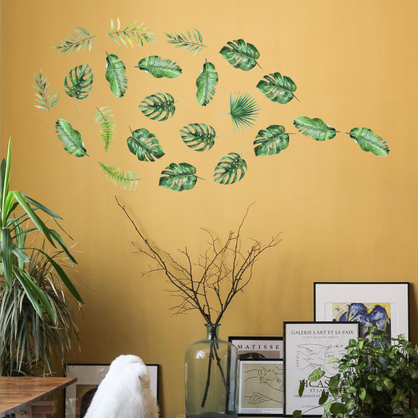 Vihreä lehtiseinätarra, akvarellilehtien seinätarra, kuori ja tarra kasvitieteelliset lehtitarrat makuuhuoneen olohuoneen seinäkoristeluun