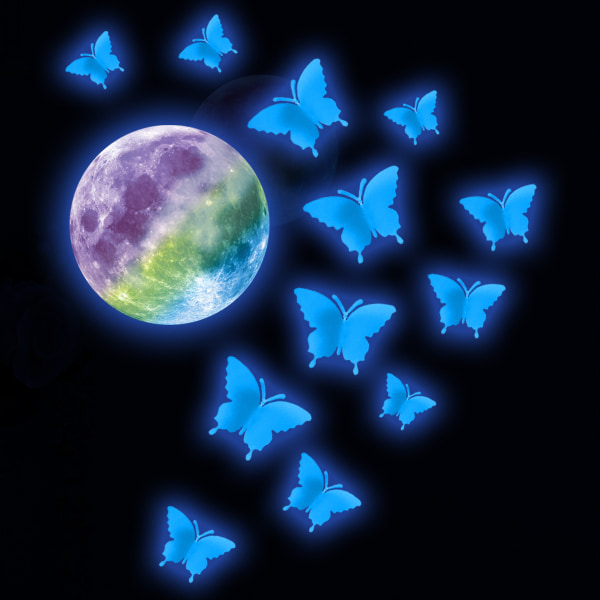 Wall Sticker Decorative Moon Butterfly Pattern PVC Three-dimensional Luminous Wall Decal for Home