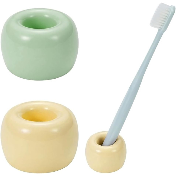Mini keramik tandbørsteholder til badeværelsesbordplade, håndlavet par tandbørstehovedholder, barbermaskineholder og kontorpenneholder, Y Yellow green