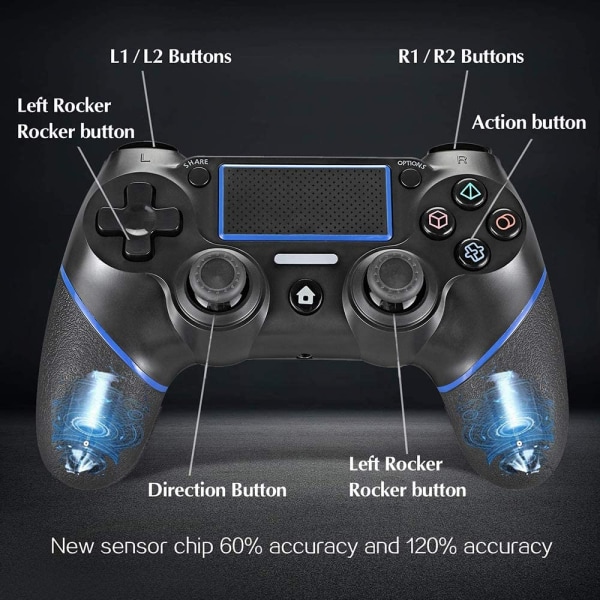 PS4-controller, trådløs Bluetooth-gamepad, [opgraderet version] Touch Panel-gamepad USB-kabel med dobbelt vibration og lydfunktion Anti-Slip Grip fo