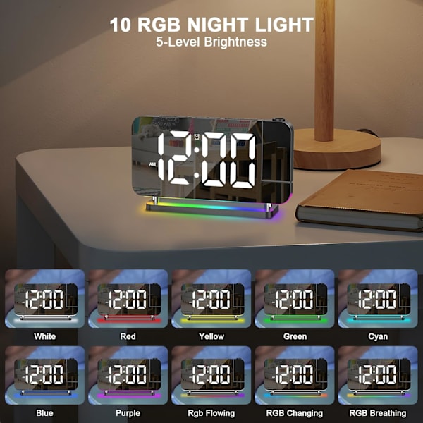 Projektionsväckarklocka, 7-tums RGB digital väckarklocka med 10-färgad nattlampa, digitala klockor Projektion på takvägg 180° roterbar, 6-nivå B Black