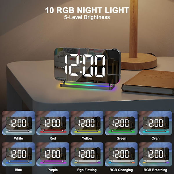 Projektionsvækkeur, 7 tommer RGB digitalt vækkeur med 10 farver natlys, digitale ure Projektion på loftvæg 180° roterbar, 6-trins B Black