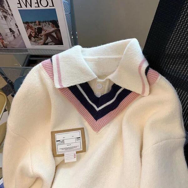 Dam långärmad V-ringad stickad polotröja pullover tröja toppar