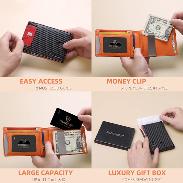 Slanke tegnebøger til mænd - Læder pengeklips til mænd - RFID-blokerende frontlomme Bifold-tegnebog - Minimalistisk kreditkortholder med gaveæske Carbon Black&Orange